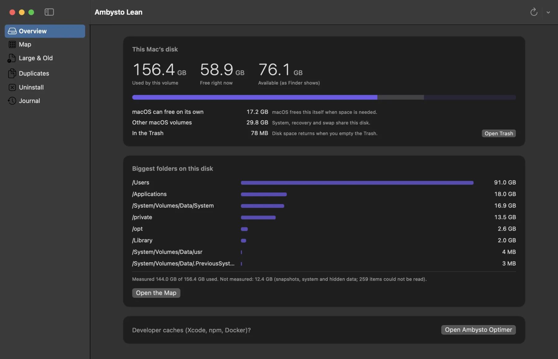 Ambysto Lean overview: used, free and available space on the disk, and the biggest folders ranked by size